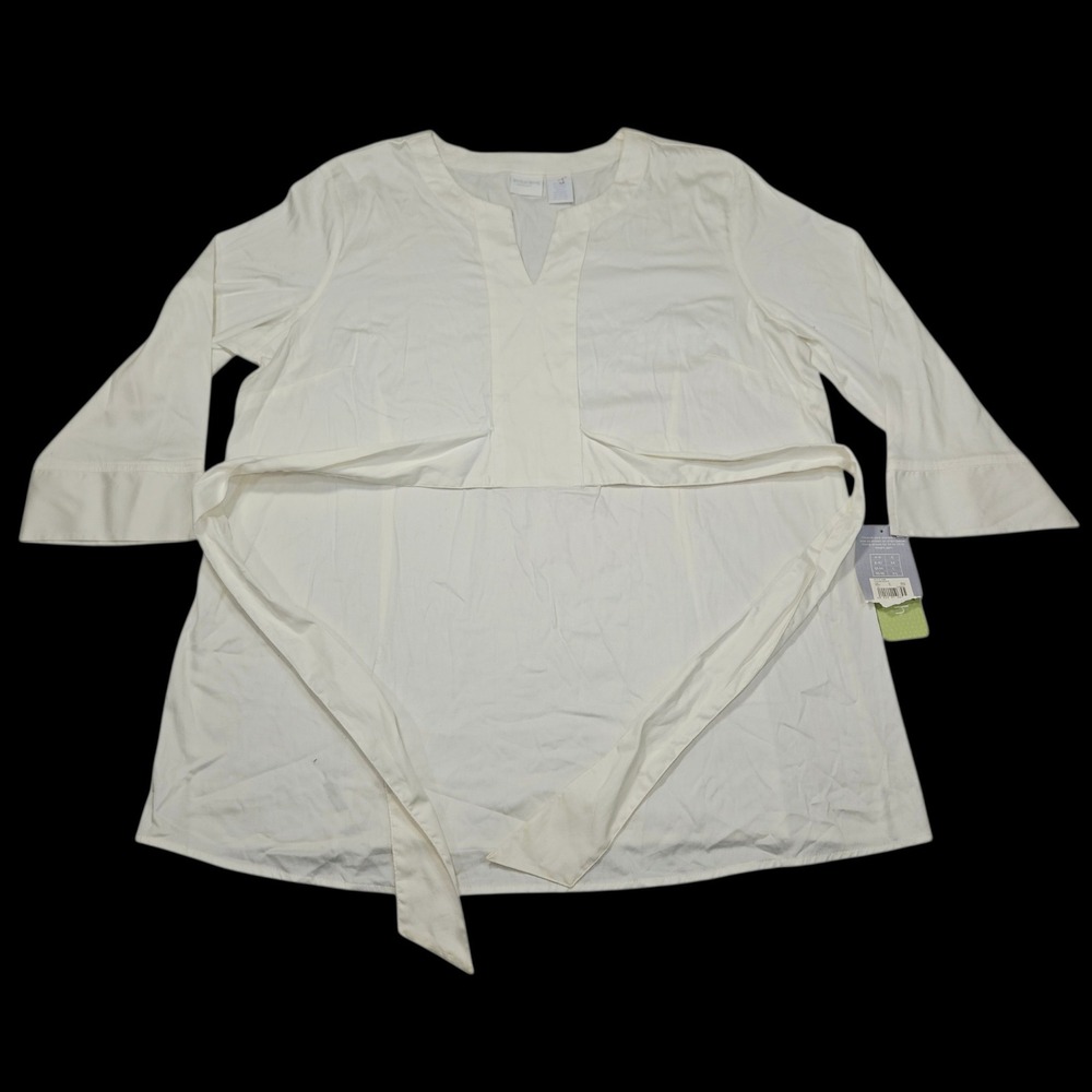 In Due Time Maternity Tunic Blouse White Stretch Tie Waist Sz L NWT